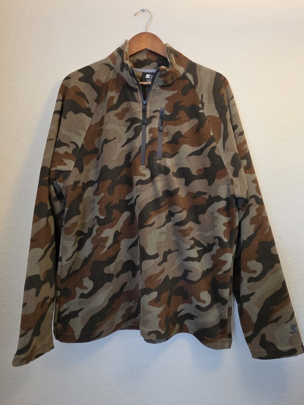 Starter Camo Fleece 1/4 Zip Men Large Tan Brown Outdoor Hunting Camping Pullover